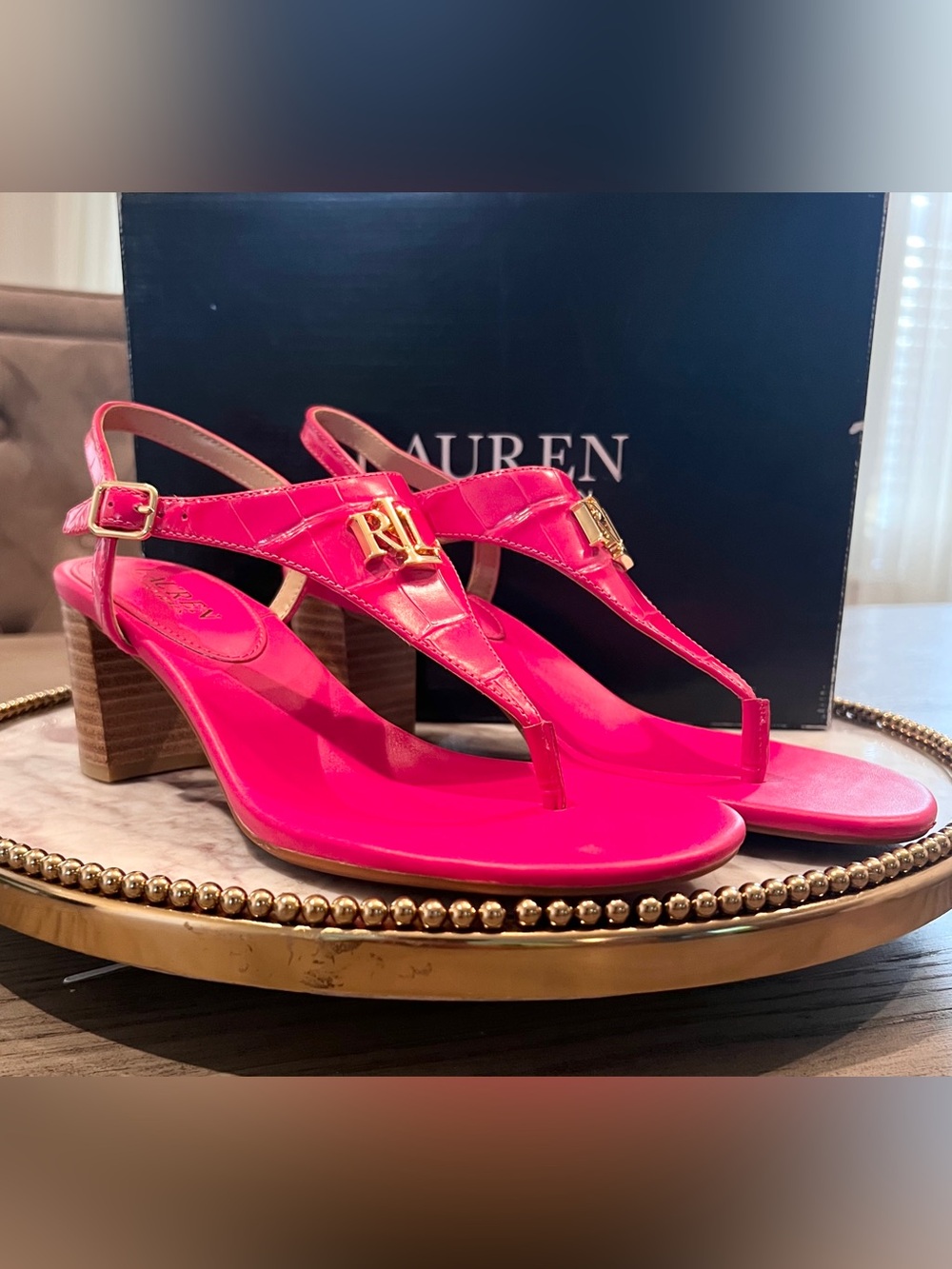 Ralph Lauren Leather Croc Embossed Heels Sandals | Hot Pink | Sz. 6.5~NWB